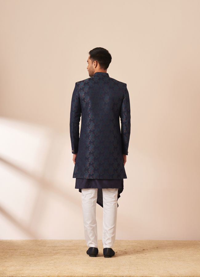 alt message - Manyavar Men Dark Blue Self Design Indo Western image number 3